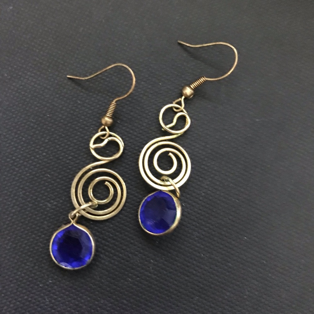 Gold Toned Drop Earrings with Blue Accent